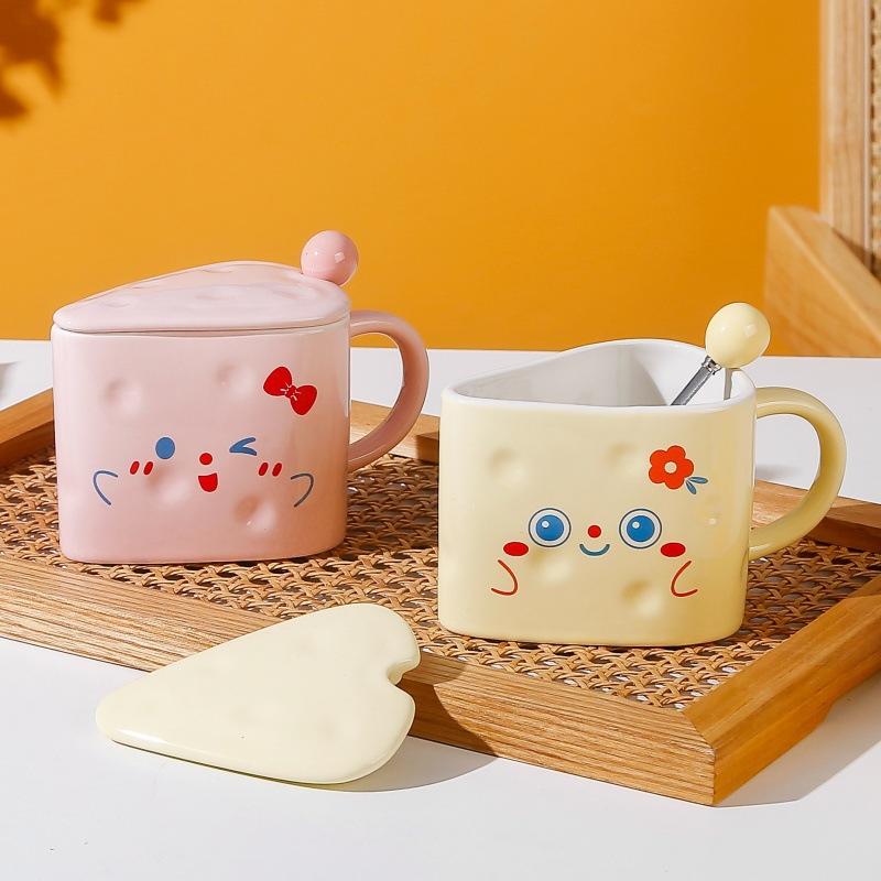Creative Mug Cartoon Cheese Cup Ceramic Cup Cute with Lid Spoon Gift Coffee Couple Water Cup