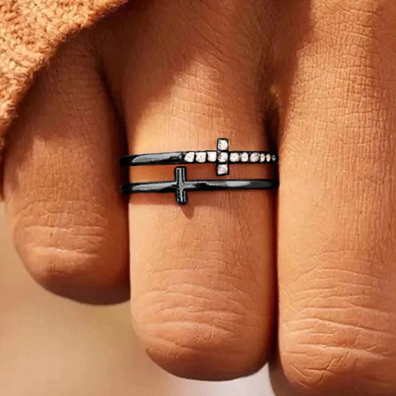 Anello a Croce Huitan alla Moda a Doppio Strato Femminile Micro Pavé Piccoli Zirconi Dita per Uso Quotidiano Accessori Versatili da Donna