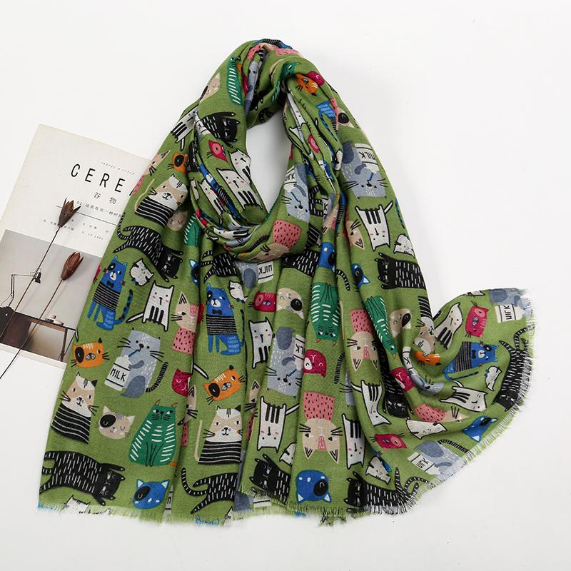 Women Printed Scarf Long Shawl Animal Luxury Designers Scarf Cute Cat Patterns Hijab Soft Viscose Hijab Women Floral Tippet