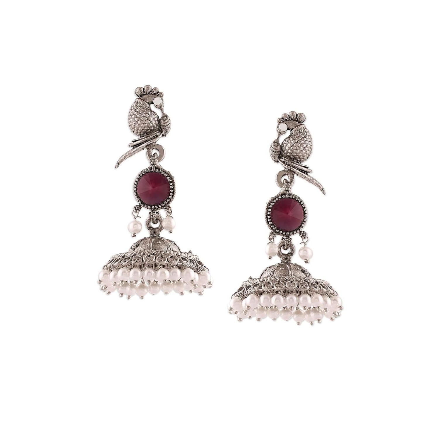 Фиолетовый павлин Серебряные оксидированные камни и бусины Традиционные серьги-джумки для женщин