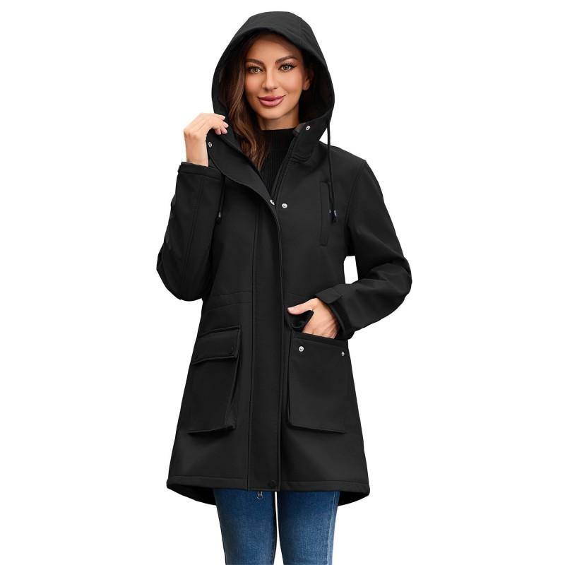 Womens Softshell Jacket With Hood Windproof Rain Resistant Outdoor Coat Long Sleeve Loose Fit Hiking Commuting Fall Winter