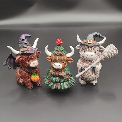 Halloween Tischornament Harz Weihnachten Hochlandkuh Statue Niedliche Lustige Kuh Figur Dekorative Tierskulptur Tisch