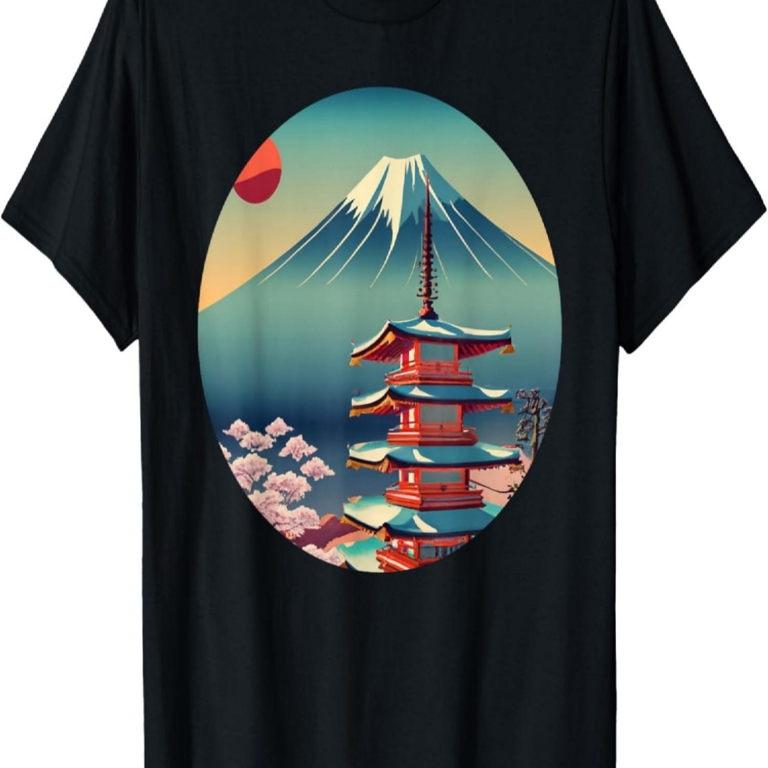 Retro Mount Fuji Japan Art Aesthetic Cherry Blossom Pagoda T-Shirt S чёрный