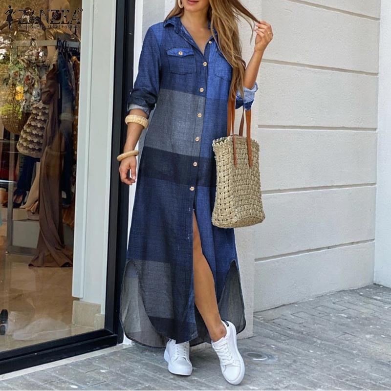 Womens Long Sleeve Casual Loose Button Down Denim Maxi Shirt Dress Plus Size