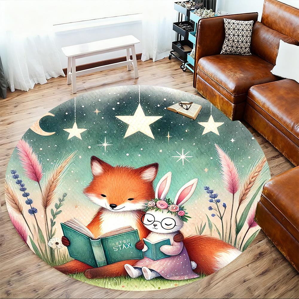 1pc Fox Rabbit Round Chair Mat Area Rug - Non-Slip, Floor Mat for Office, Bedroom, and Indoor Decor -1002059