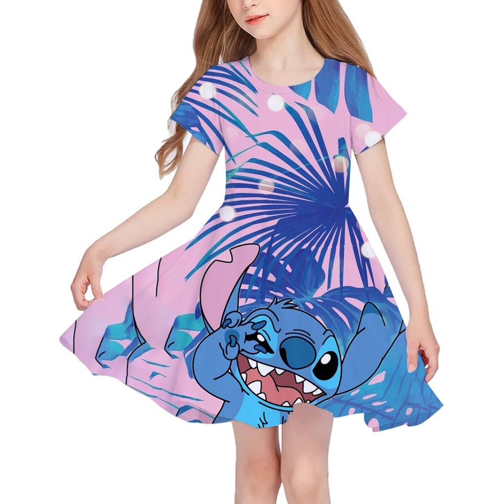 Stitch Summer Girls Skirt Short Sleeved Dress 3d Printed Cartoon Princess Cute Children's Fashion Party Trend Clothing