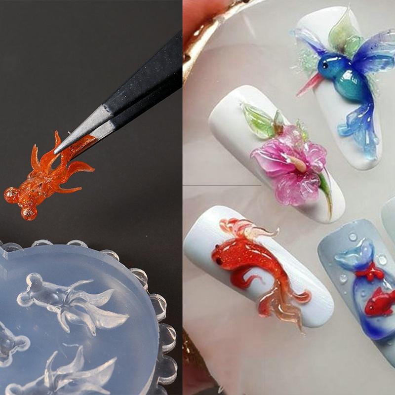 1 Pcs Soft Silicone Nail Rose Flower Heart Mold 3D Butterfly Goldfish Shell Carved Cartoon Template Nails Accessories For Salon