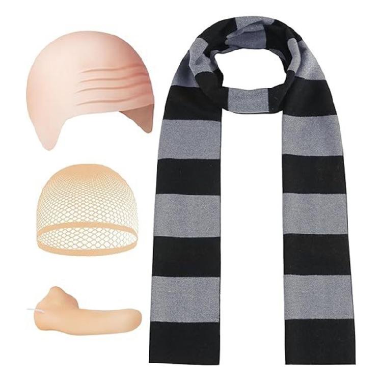 Bald Hat Set for Man Adults Bald Caps Black Gray Striped Scarf False Nose Gru Costume Set
