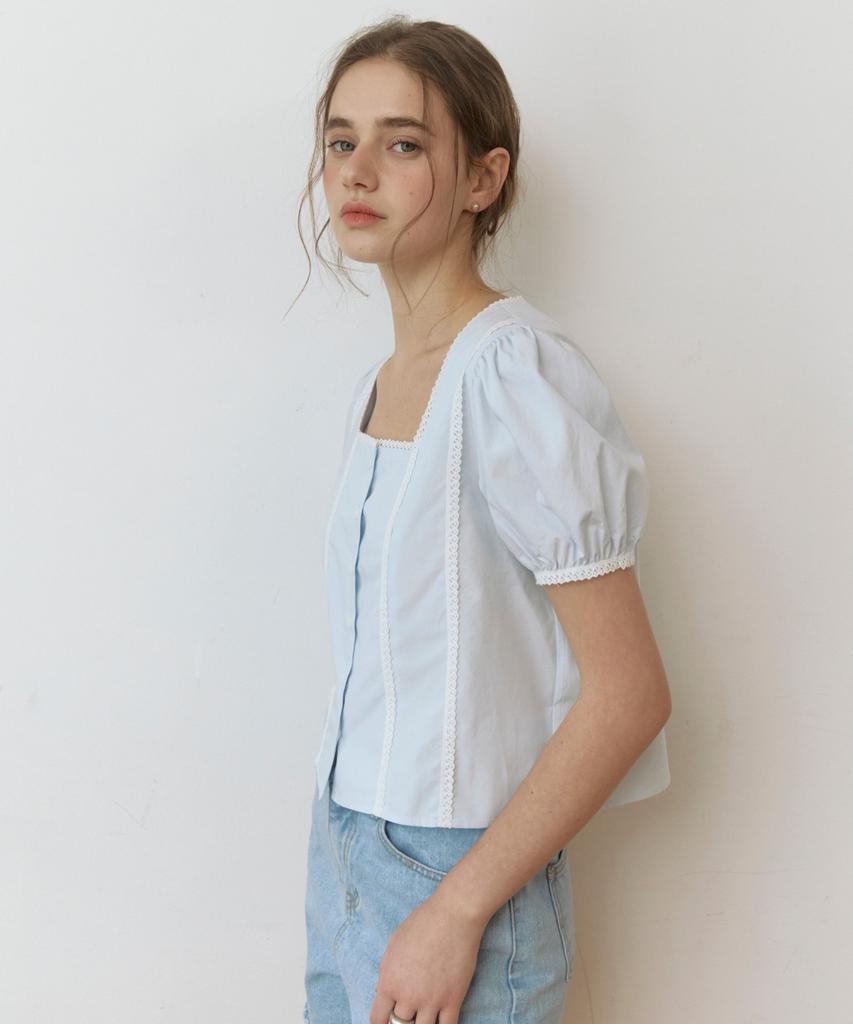 ADAUL Lace Point Puff Square Neck Blouse - Skyblue