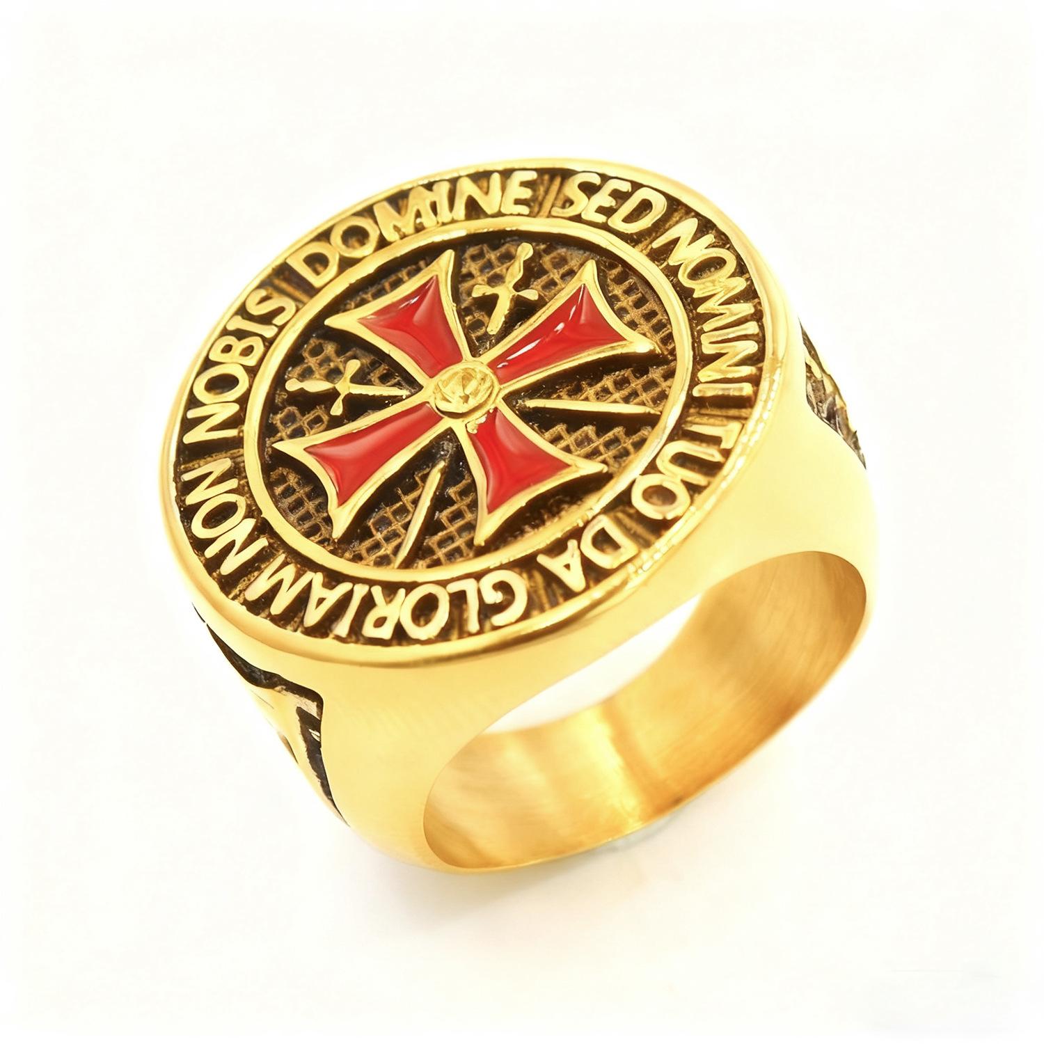

Vintage Diamond Cross Ring For Men Stainless Steel Gold Red Cross Pendant Band Jewelry No. 7 золотой