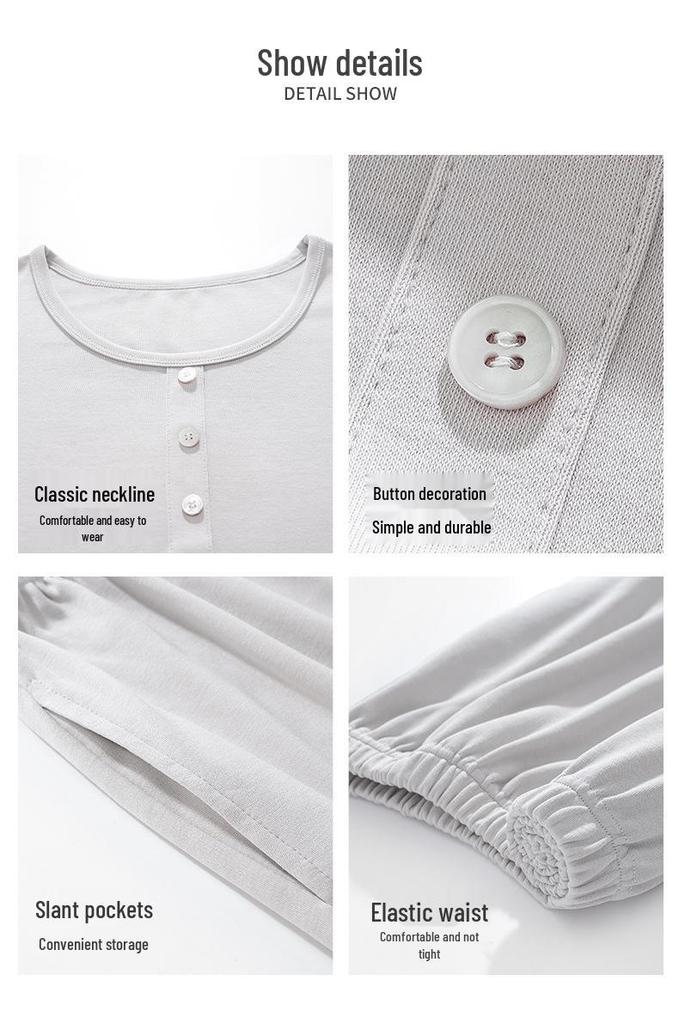 2026 Spring Men's Pure Cotton Casual Pajamas - Solid Color, Round Neck, Indoor/Outdoor Wear