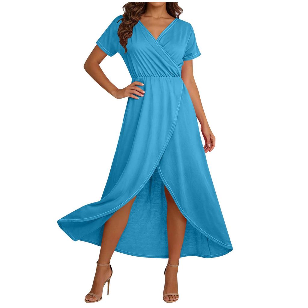 Women's Elegant Loose-Fit V-Neck Short-Sleeve Flowing Resort Dress