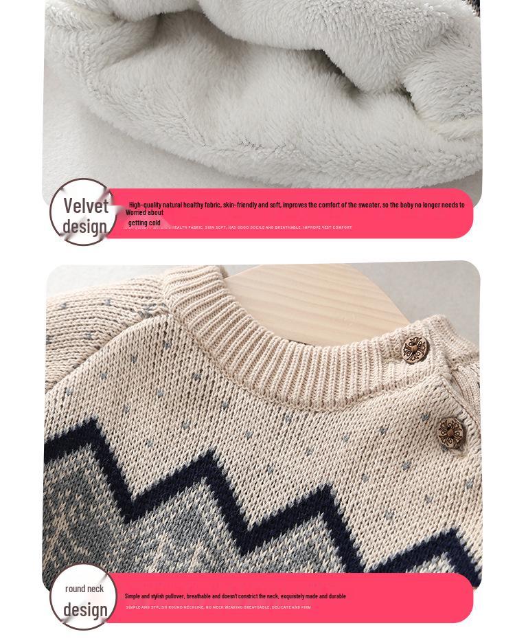 Men's and Children's Thick Fleece-Lined Retro Knit Sweater - Pure Cotton Base Layer for Infants and Kids