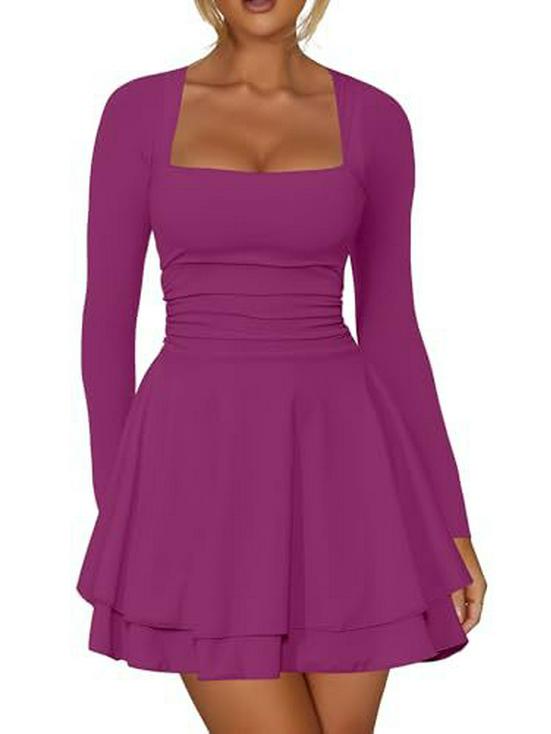 European & American Women's Square Neck Long Sleeve Slim Fit Short Dress - Beach Vacation Style