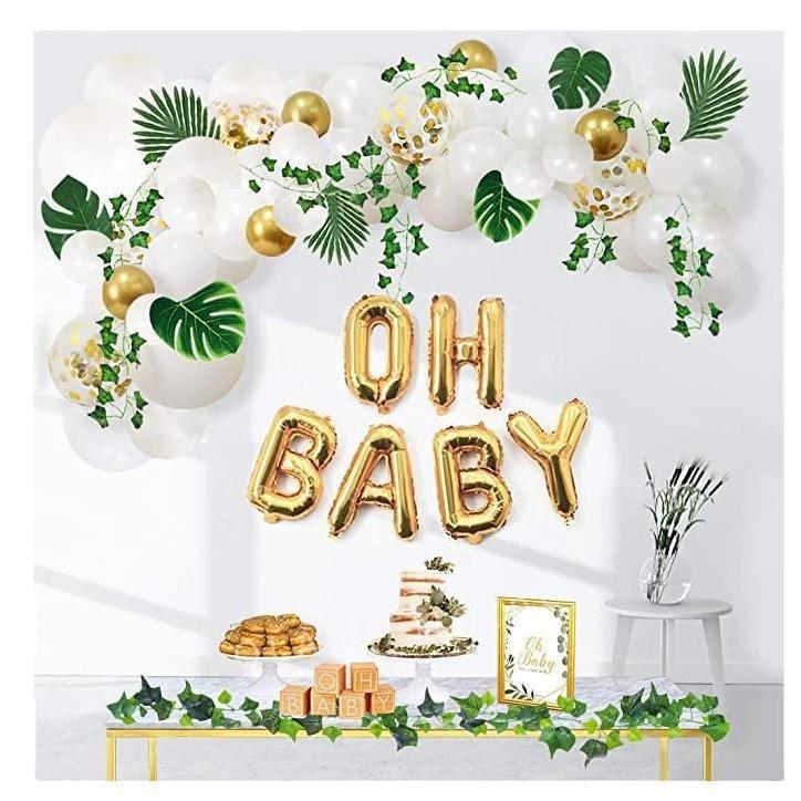Gold Oh Baby Aluminum Film Balloon, Grape Leaf Decoration, White Birthday Confession Balloon Arch Bridge Kit