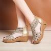 Wedge heel sandals women's summer new middle heel rhinestone fish mouth hollow sandals women's muffin platform sandals