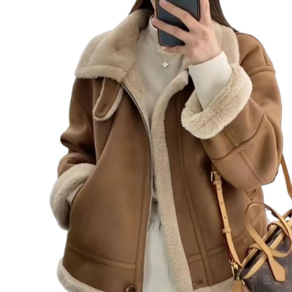 ქალის მოტოციკლეტის ქურთუკი ცხვრის მატყლის, ტყავის და ბეწვისგან - გასქელებული პლუშის ბამბით სავსე ქურთუკი 2023 წლის შემოდგომა/ზამთრისთვის