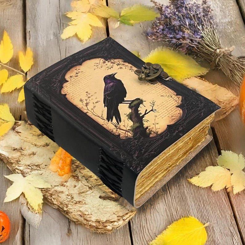 Vintage Gothic Raven Leather Journal - Dark Academia Gift, Writing Diary, Wiccan Grimoire Book Of shadows