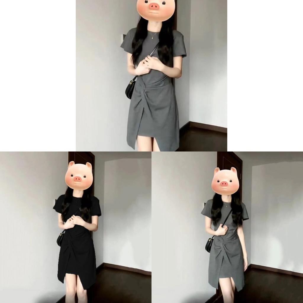 Classic French Style Grey Knit Short Sleeve Dress For Business Casual Women