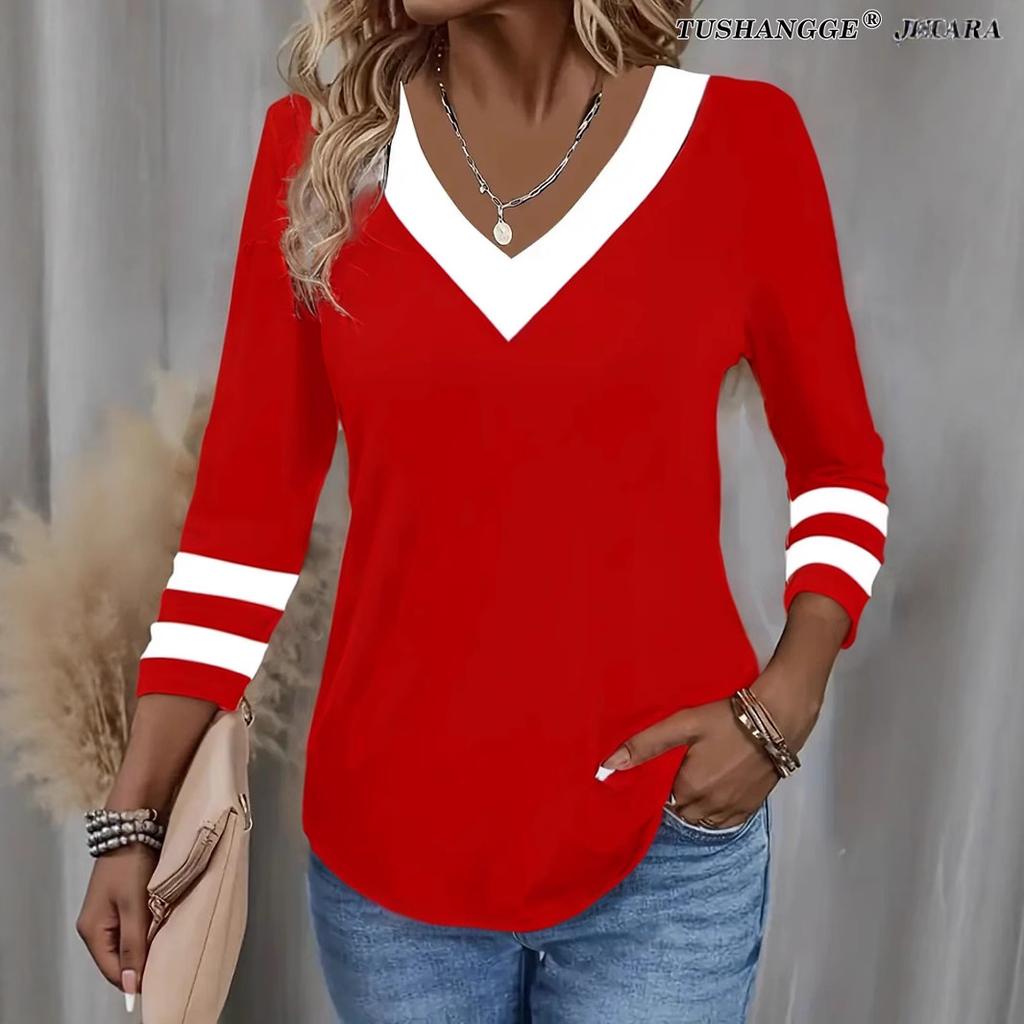 American style 2026 new women's casual fashion trendy high-quality color-blocked long-sleeve V-neck T-shirt