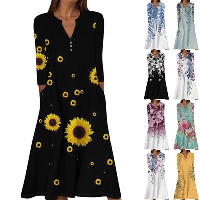 Women's Summer Casual V-Neck Button Vintage Floral Print Three-quarter Sleeve Long Dress With Pockets