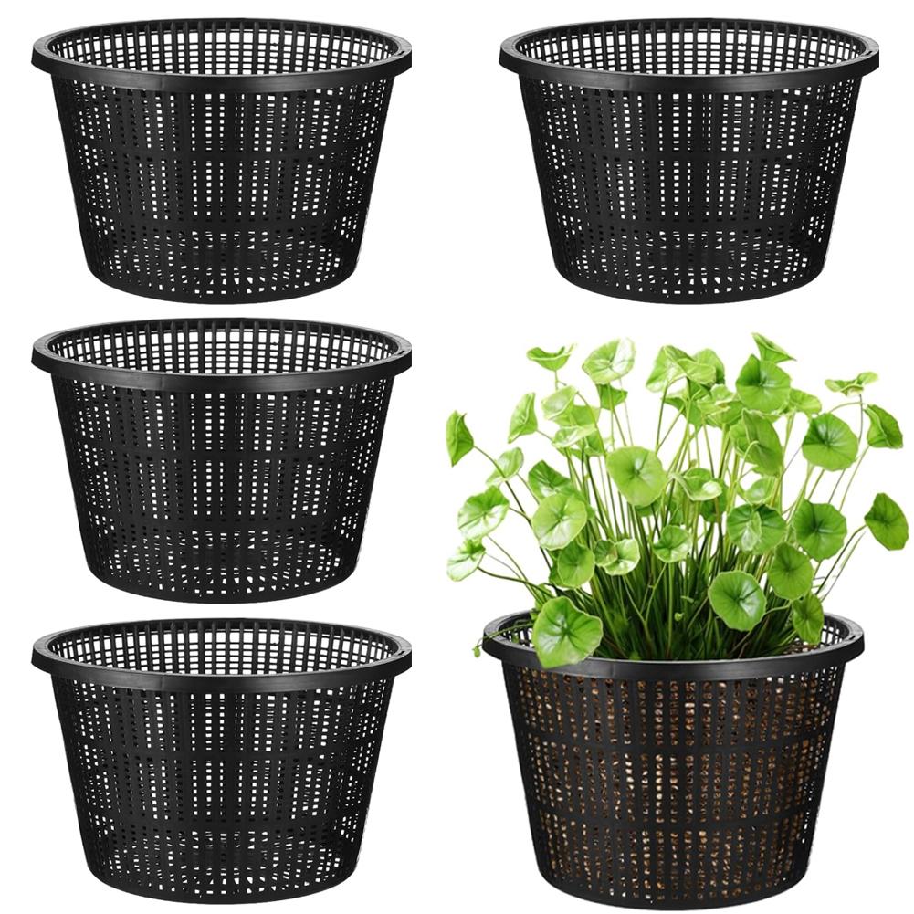 

Complete Your Pond Setup with This Set of Five Eight Point Three Inch Aquatic For Plant Baskets in Black Plastic