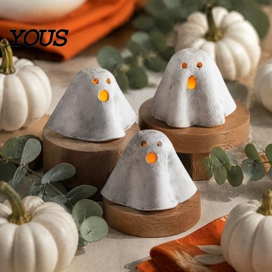 Holiday Tabletop Ornament Light Up Ghost Halloween Decoration, Cute Spooky Figurine with for Warm LED Indoor Mantel Fireplace Home Party Decor