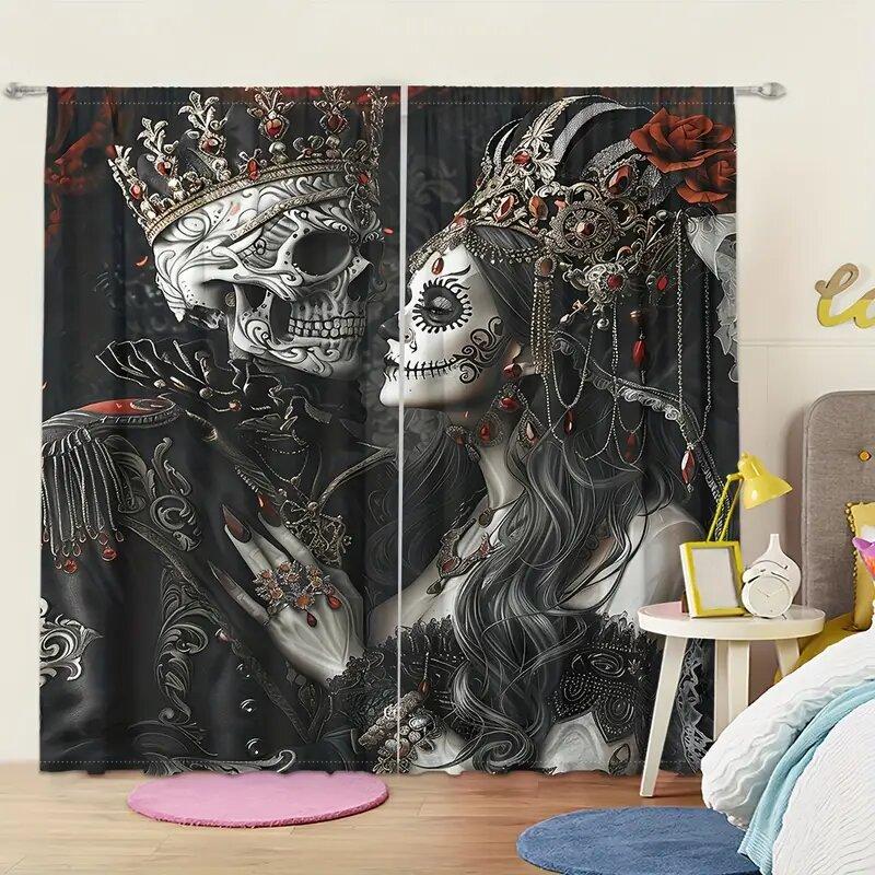 Gothic Style Skull King and Queen Dark Pattern Printed Curtains, Window Decorations, Home Decorations, Room Decorations