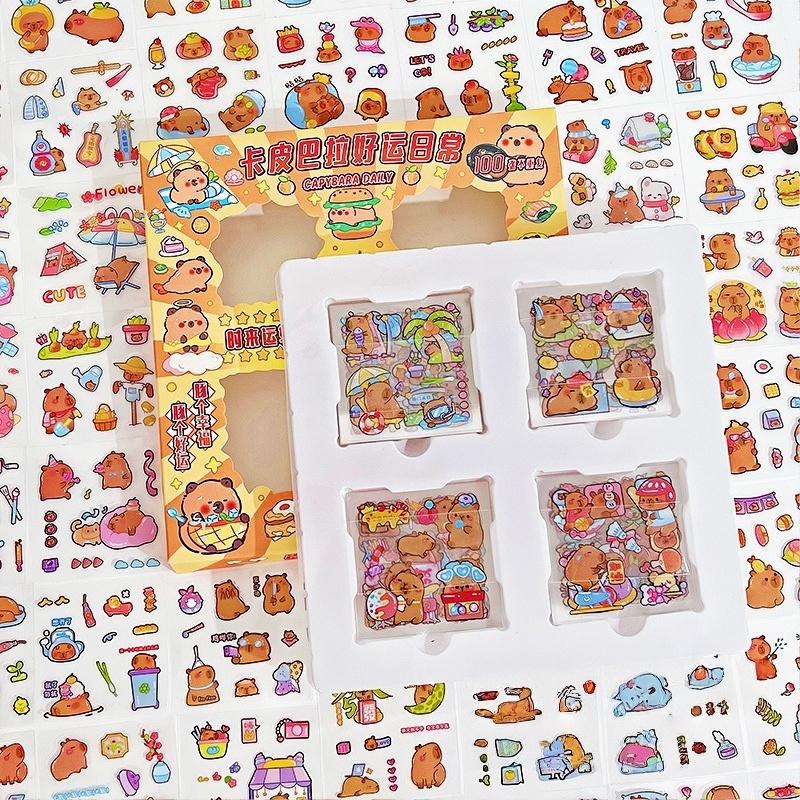 100PCS Non Repeating Cute Cartoon Stickers PVC Transparent Waterproof Capybara Stickers Diary Phone Case Water Cup Computer Deco