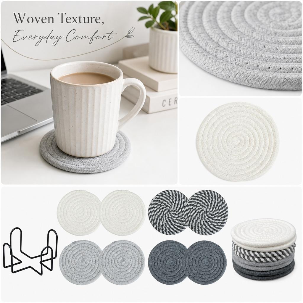 8 Piece Braided Cotton Coaster Set for Home Office Tabletop Protection Absorbent Round Coasters for Drinks Mugs Cups