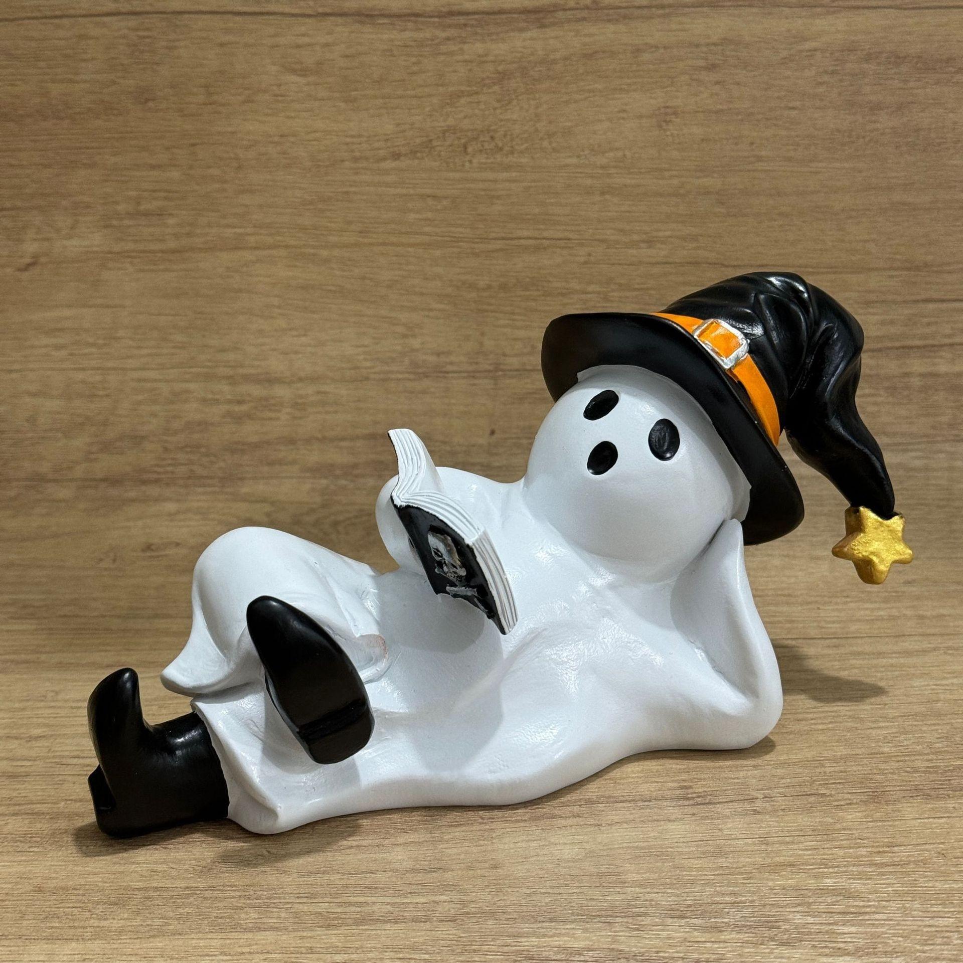

Halloween Resin Ghost Decoration With Witch Hat Funny Reading Figurine For Party Scene Home Desktop Creative Holiday Ornament