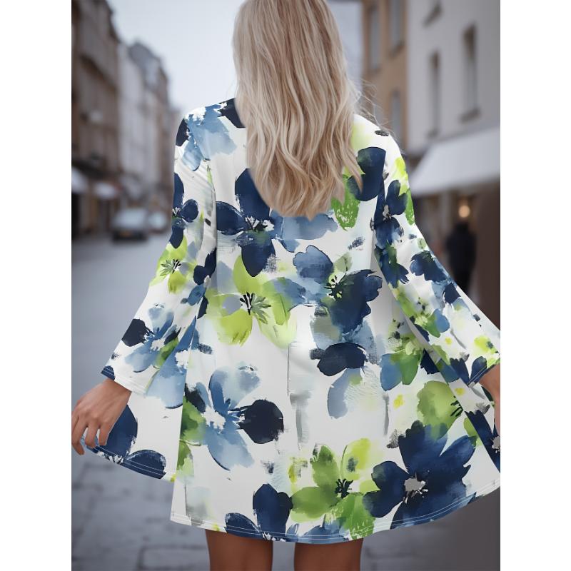 

Мода 2025 Женский кардиган с длинным рукавом с цветочным принтом, полиэстер, открытый спереди, легкая накидка, весенне-осеннее повседневное пальто 5XL