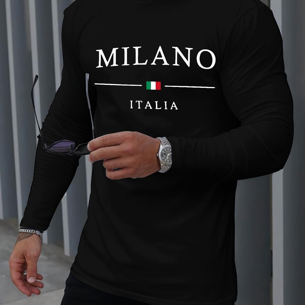 Pánské 100% čistý polyester pohodlné sportovní ležérní volný střih nadměrná velikost MILANO ITÁLIE potištěné tričko s kulatým výstřihem a dlouhým rukávem