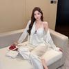 Women's spring and autumn long-sleeved pajamas with chest pads, three-piece set of lace lace Korean suspender loungewear pajamas