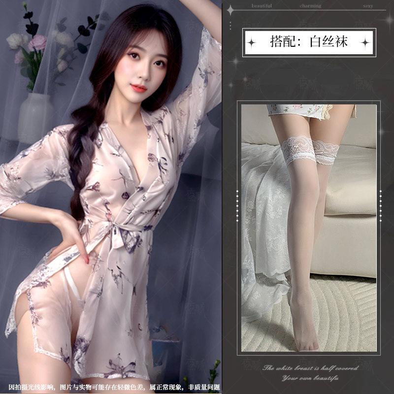 Sexy lingerie sexy butterfly print perspective lace-up deep V open kimono nightgown pajamas women