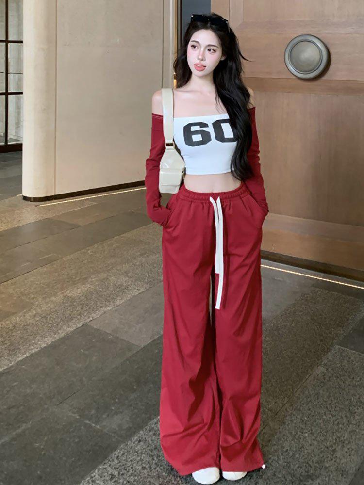 American Style Off-Shoulder Long-Sleeve Red Crop Top for Women - Autumn/Winter Fashionable Inner Wear