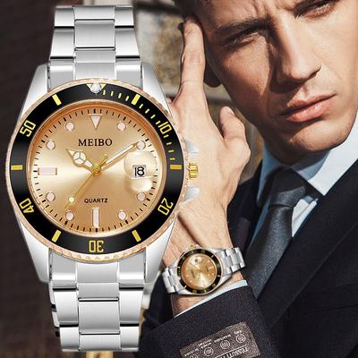 Men's Watch Luxury Business Watch Golden Dial Date Watches Stainless Steel Band Fashion Male Wrist Watch Relogio Masculino