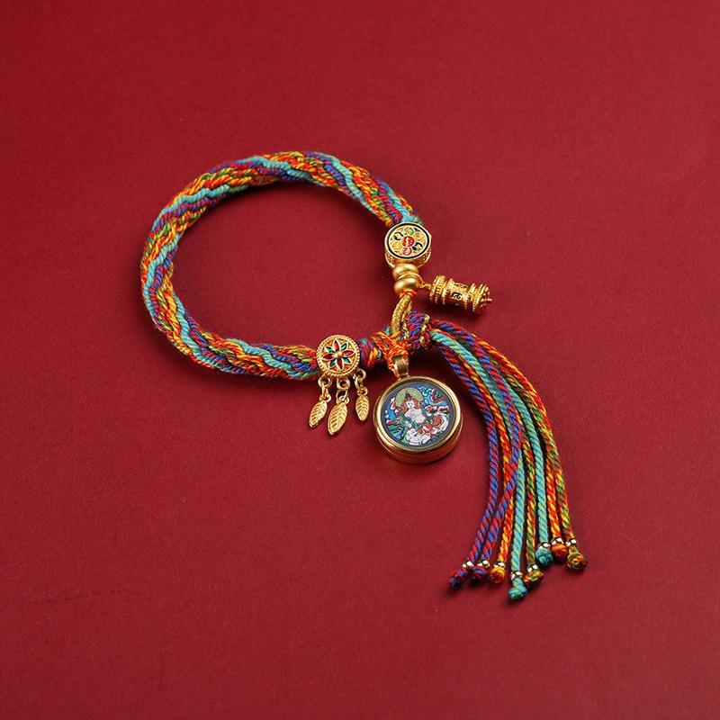 Braccialetto Tangka Tibetano Tessuto a Mano Dei Manjusri Uomo Donna Corda da Mano Regalo