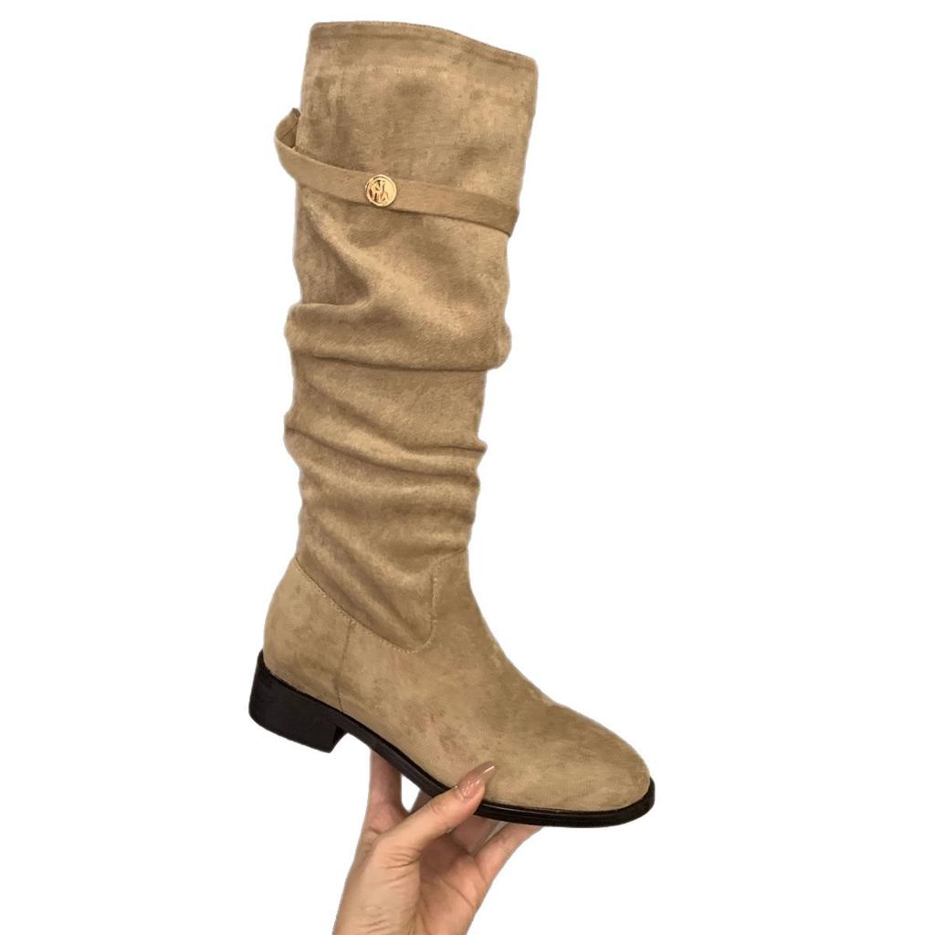 Französische Stiefel mit dickem Absatz aus aprikosenfarbenem Wildleder für Damen, 2025 neu, vielseitige dünne lange Stiefel für Frühling, Herbst und Winter