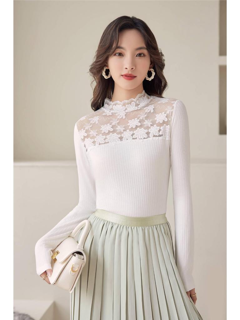 Damen Slim Fit Langarm Mesh-Spitzenoberteil - Aushöhlendesign, Frühling/Herbst Vielseitiger Socialite-Stil