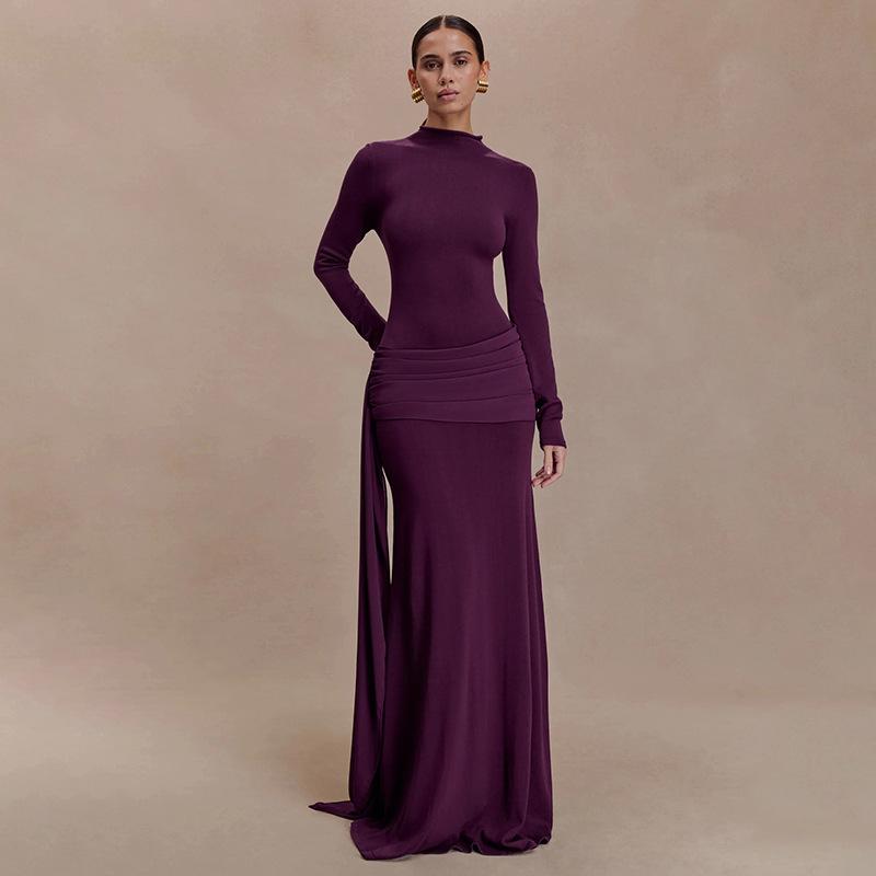 Women High Neck Long Sleeve Bodycon Maxi Dress with Side Drapery Solid Color Elegant Gown