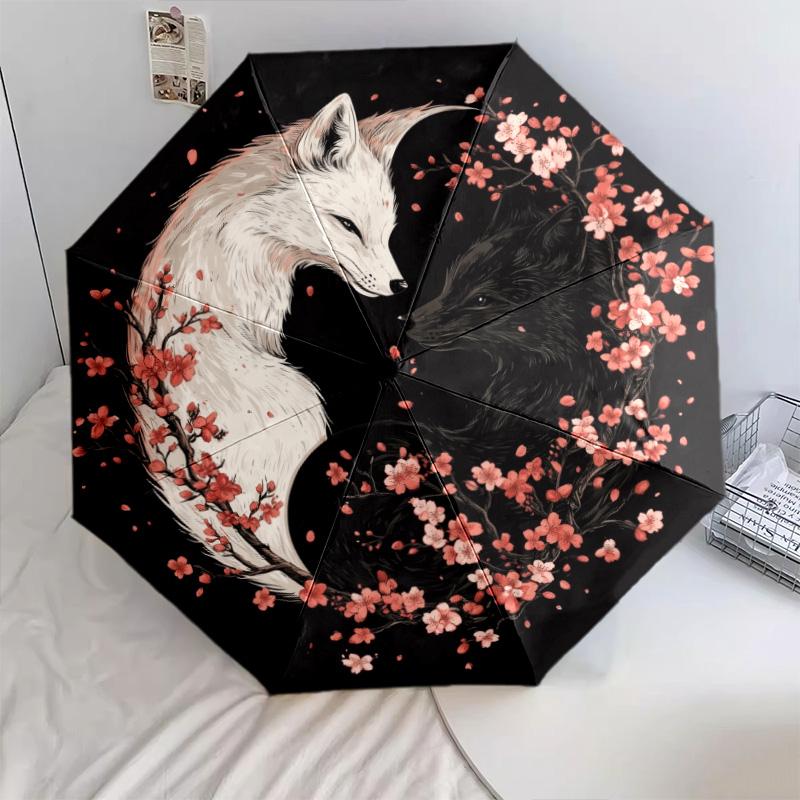 0106 Cherry Blossom Fox Pattern, Automatic Folding Umbrella, Portable and Foldable Design, 8 Ribs, a Christmas or Birthday Gift.
