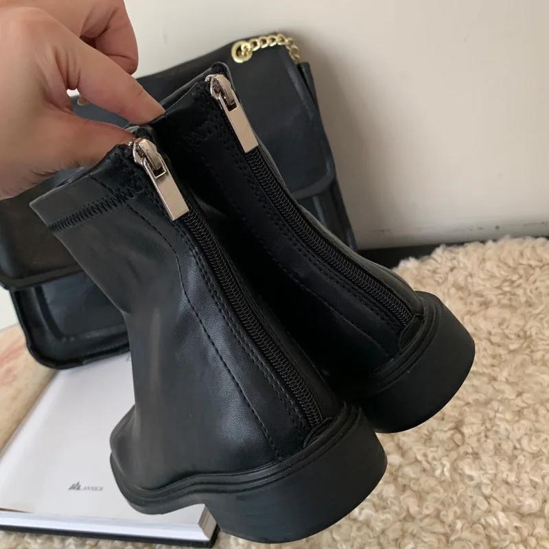 2024 Skinny Short Boots Female Head Knight Middle Heel Star Style Soft Leather  Boots Thick Heel Long Boots Platform Shoes