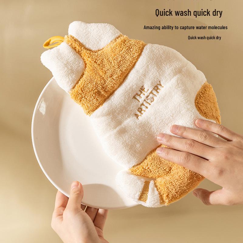 Prosop de mână drăguț pentru copii din fleece de coral cu pisică – Super absorbant, gros, cu agățătoare, lavetă pentru uz bucătărie