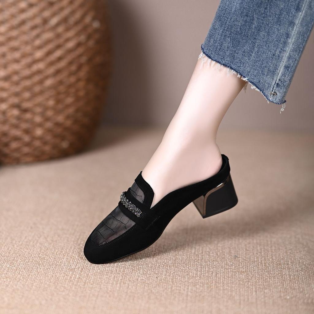 Round Toe Shoes for Women Medium Heel Rhinestone Sandals Soft Mesh Woman Slippers Stylish Small Size On Offer Summer 2025 Slides