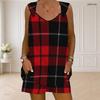 Women Plus Size Sleeveless V Neck Red Black Checkered Printed Two Piece Set Ring Strap Tank Top With Pockets Shorts