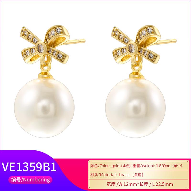 ZHUKOU 4 gold-plated, zirconium-set gold pearl dangle earrings, 1 pair: VE1359-1362
