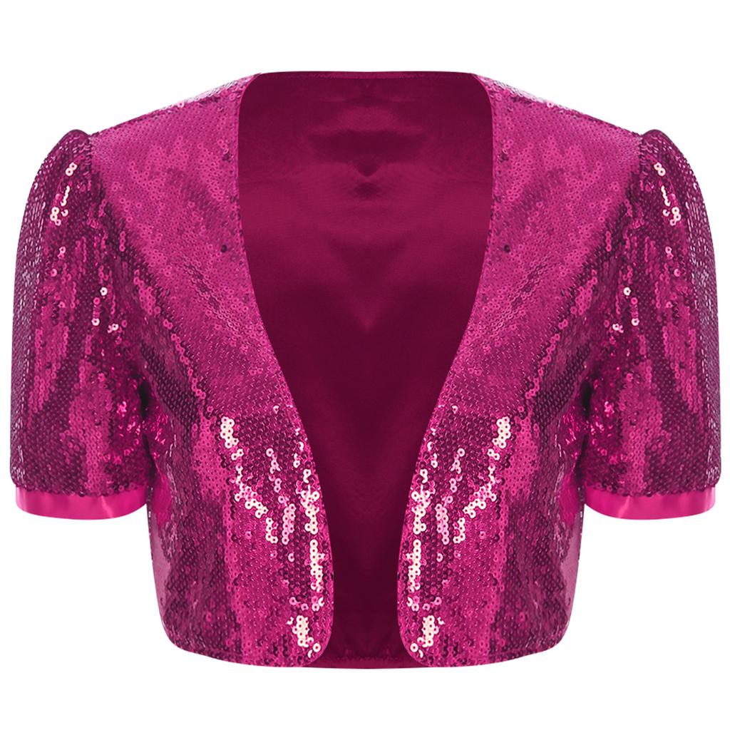 Women Glitter Sequin Cardigan Cropped Jacket Short Sleeve Open Front Fully Lined Stylish Club Cover Up