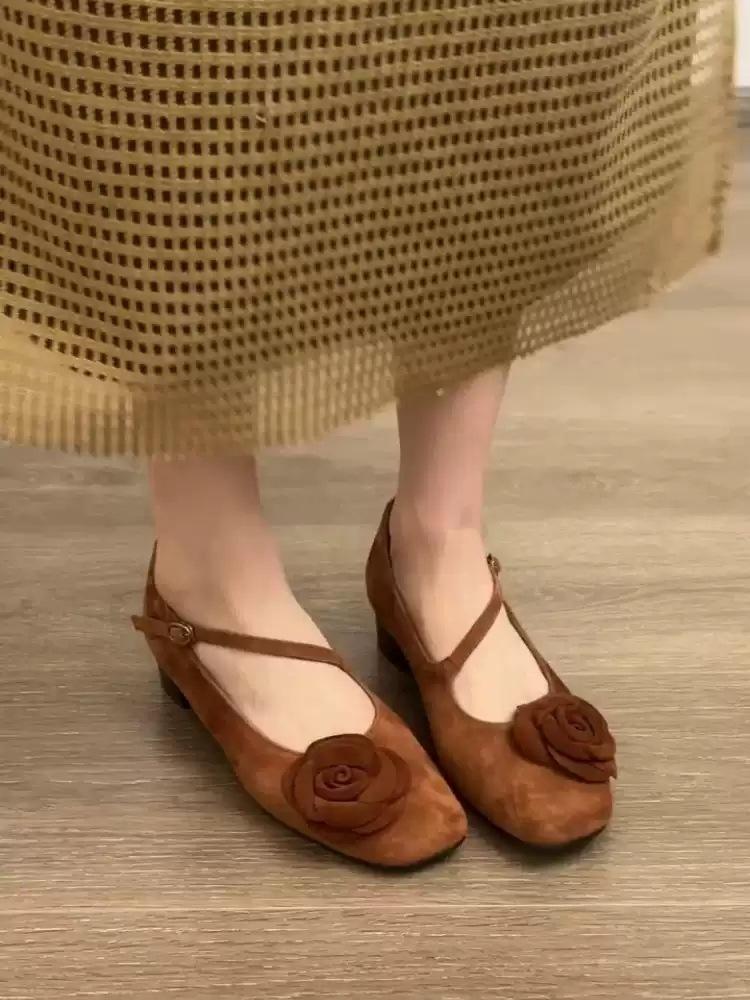 Sheepskin Version~ Retro Square Head Shallow Mouth with Mary Jane Shoes Women's Niche Fashion Flower Commuting Thick Heel Single Shoes