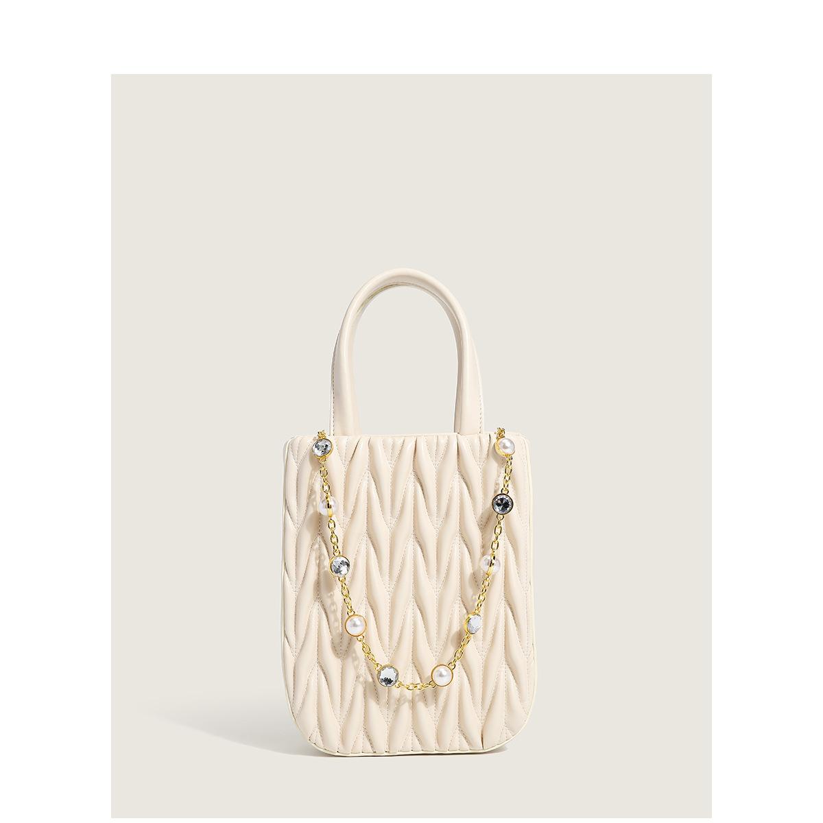 

Spring And Summer Women Newest Pleated Tote Bag Diamond Pearl Chain Design Women S Small Handbag Female Thread Travel Purses